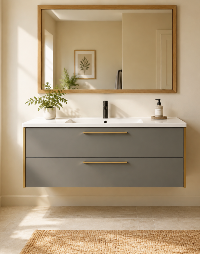 Kadaligh Hygge 60" Wall-Mounted Floating Bathroom Vanity with Marble-Look Integrated Countertop - Gray & Brushed Gold