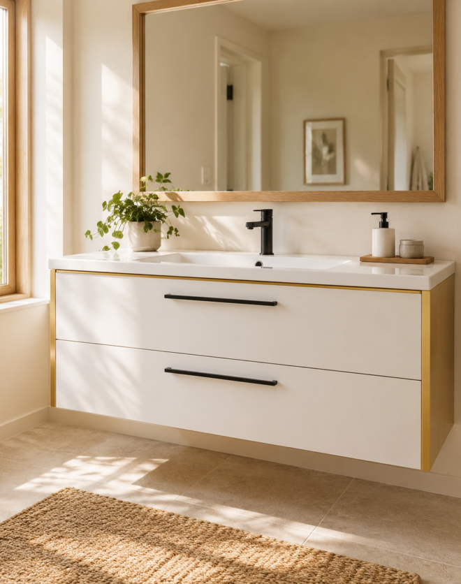 Kadaligh Fen 60" Wall-Mounted Floating Bathroom Vanity with Scratch-Resistant Stone Countertop - White & Gold