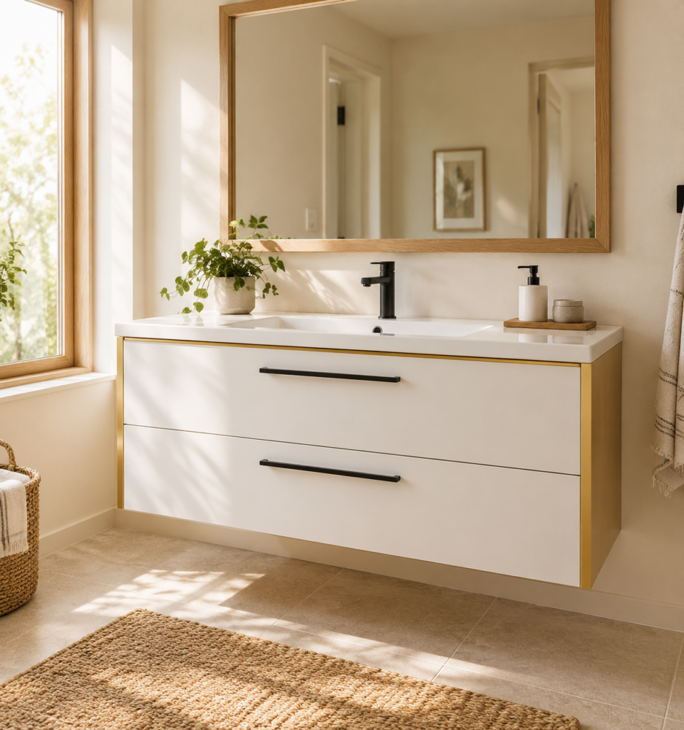 Kadaligh Fen 60" Wall-Mounted Floating Bathroom Vanity with Scratch-Resistant Stone Countertop - White & Gold