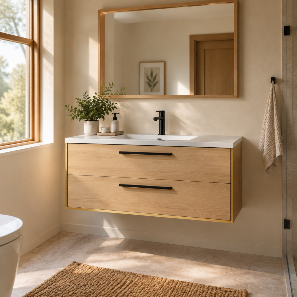 Kadaligh Loam 60" Freestanding Bathroom Vanity with One-Piece Stone Countertop - Light Wood & Gold