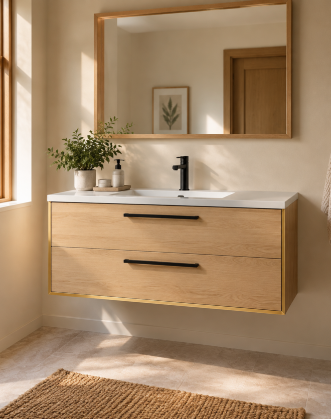 Kadaligh Loam 60" Freestanding Bathroom Vanity with One-Piece Stone Countertop - Light Wood & Gold