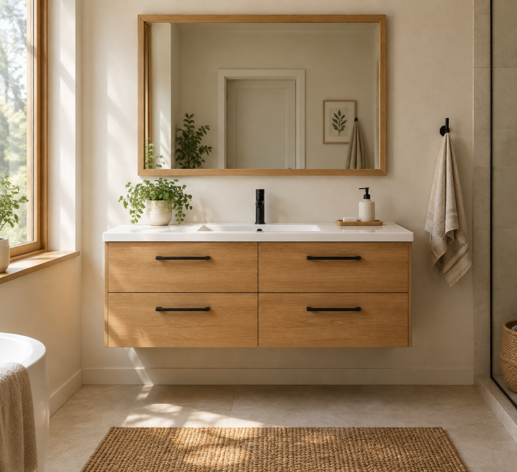 Kadaligh Ume 60" Freestanding Bathroom Vanity with Textured Stone Countertop - Natural Wood