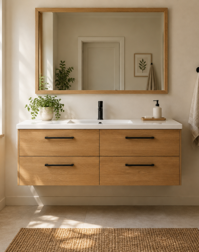 Kadaligh Ume 60" Freestanding Bathroom Vanity with Textured Stone Countertop - Natural Wood