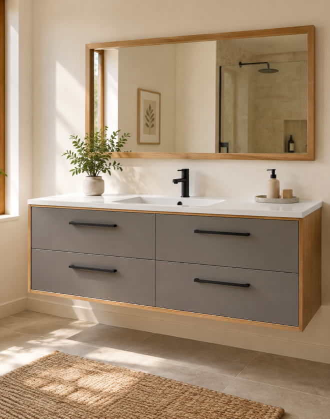 Kadaligh Vik 72" Wall-Mounted Floating Bathroom Vanity with Rock Board Countertop - Gray & Wood