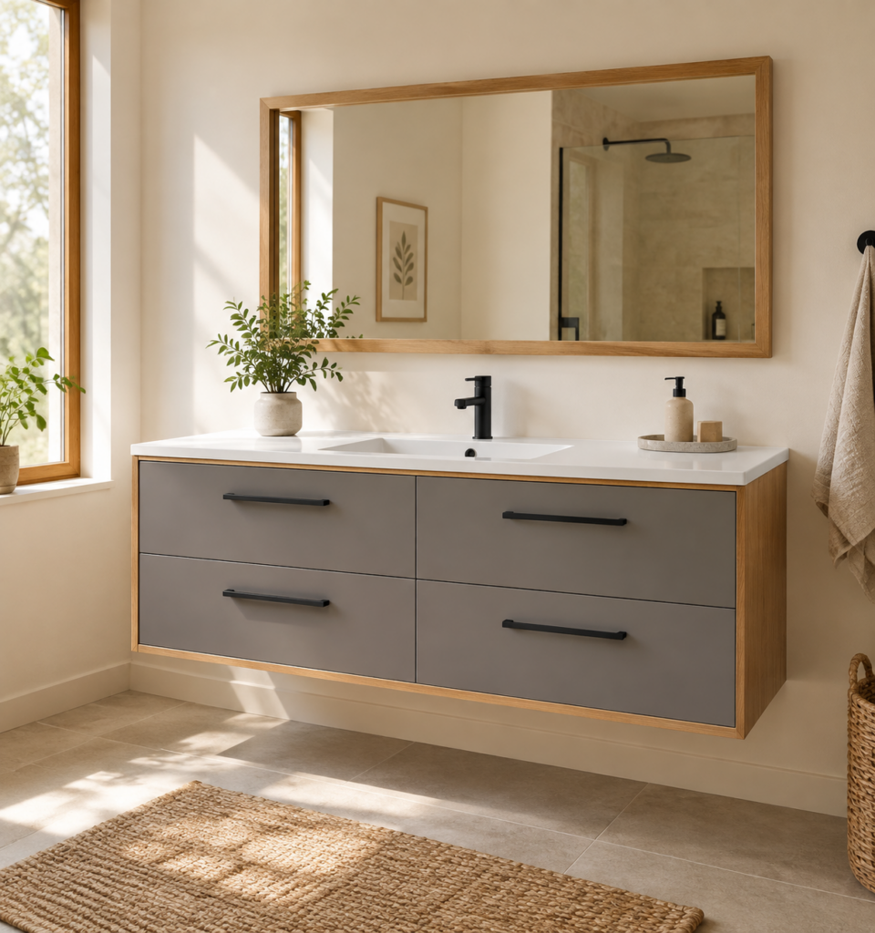 Kadaligh Vik 72" Wall-Mounted Floating Bathroom Vanity with Rock Board Countertop - Gray & Wood