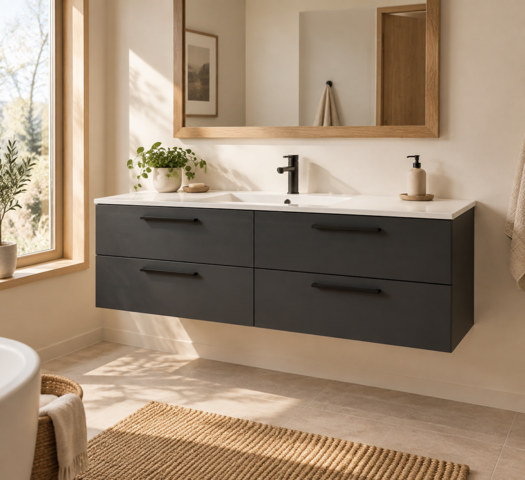 Kadaligh Ash 72" Wall-Mounted Floating Bathroom Vanity with Black Rock Plate Countertop - Graphite Black