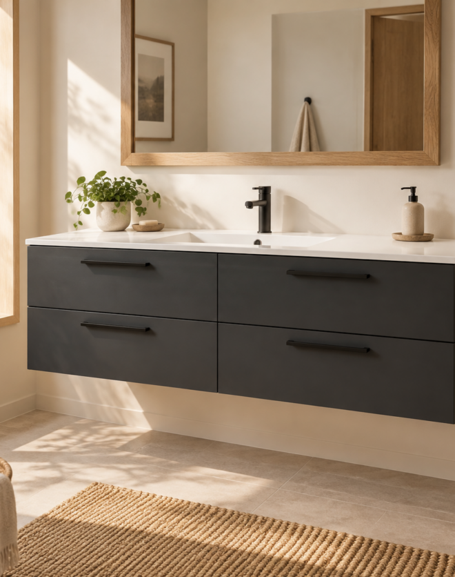 Kadaligh Ash 72" Wall-Mounted Floating Bathroom Vanity with Black Rock Plate Countertop - Graphite Black