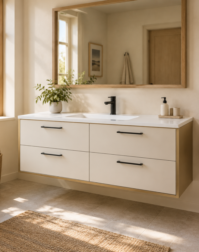 Kadaligh Aalto 72" Wall-Mounted Floating Bathroom Vanity with Integrated Ceramic Countertop - Milk White & Brushed Gold