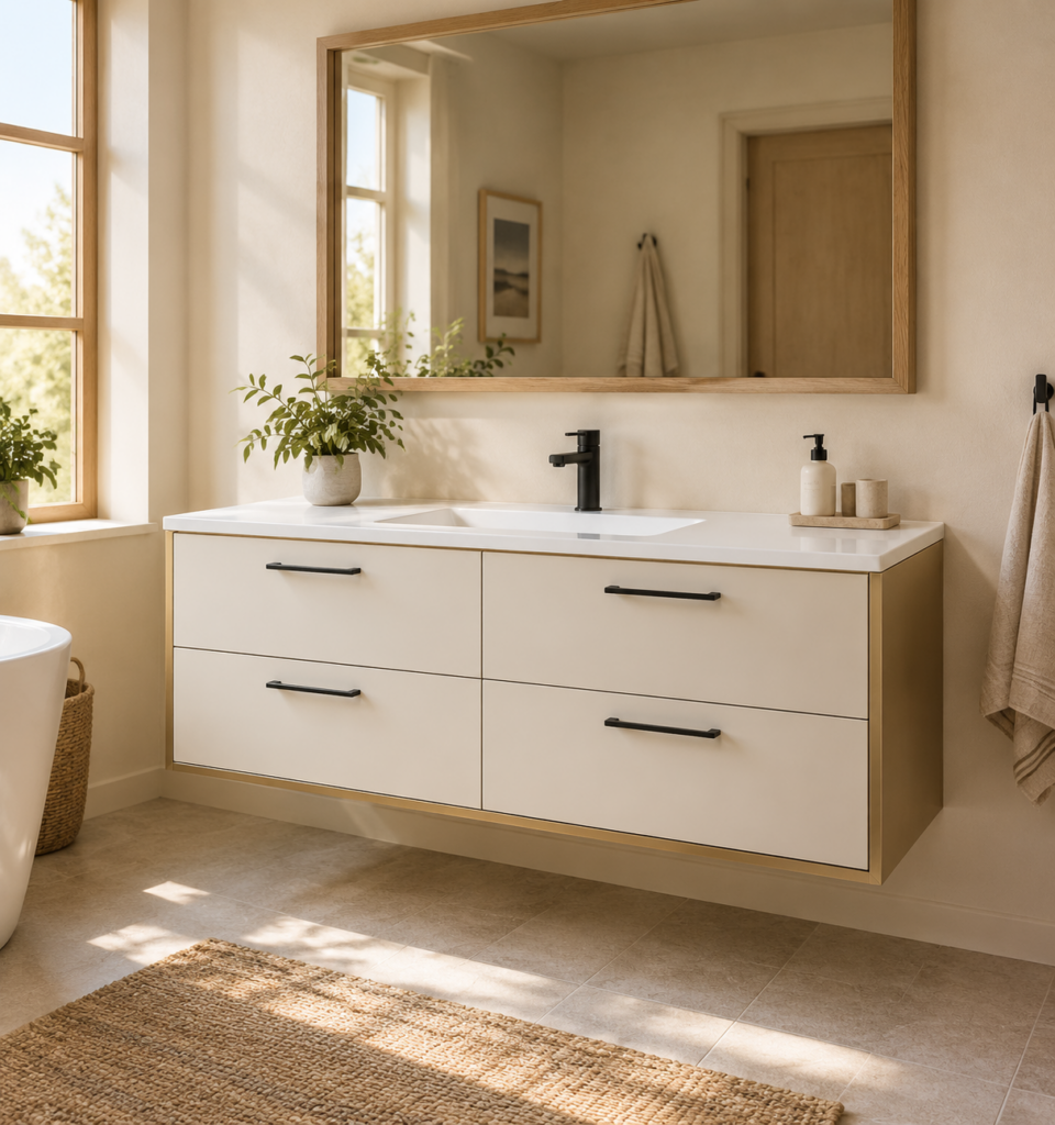 Kadaligh Aalto 72" Wall-Mounted Floating Bathroom Vanity with Integrated Ceramic Countertop - Milk White & Brushed Gold