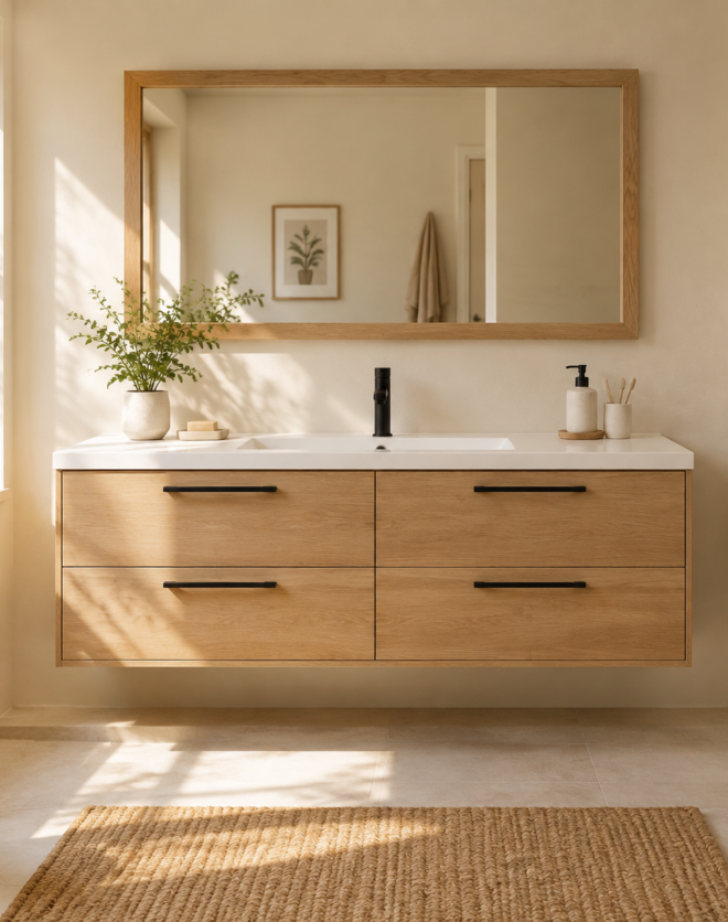 Kadaligh Nord 72" Freestanding Bathroom Vanity with Stone Countertop - Natural Wood