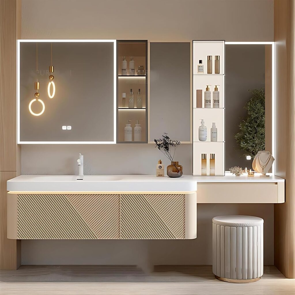 Kadaligh Loam 76" Floating Bathroom Vanity - Cream With Gold Hardware