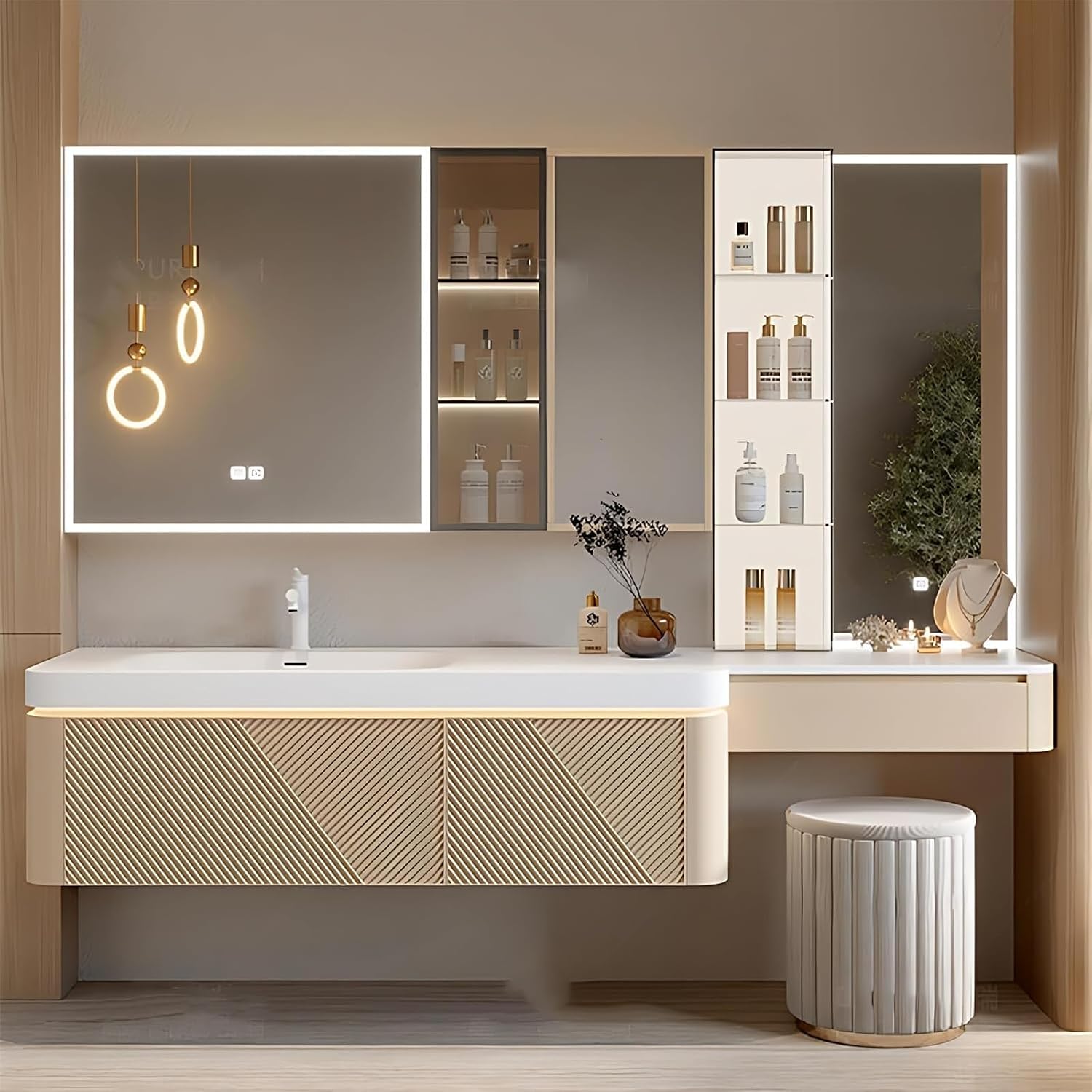 Kadaligh Loam 76" Floating Bathroom Vanity - Cream With Gold Hardware